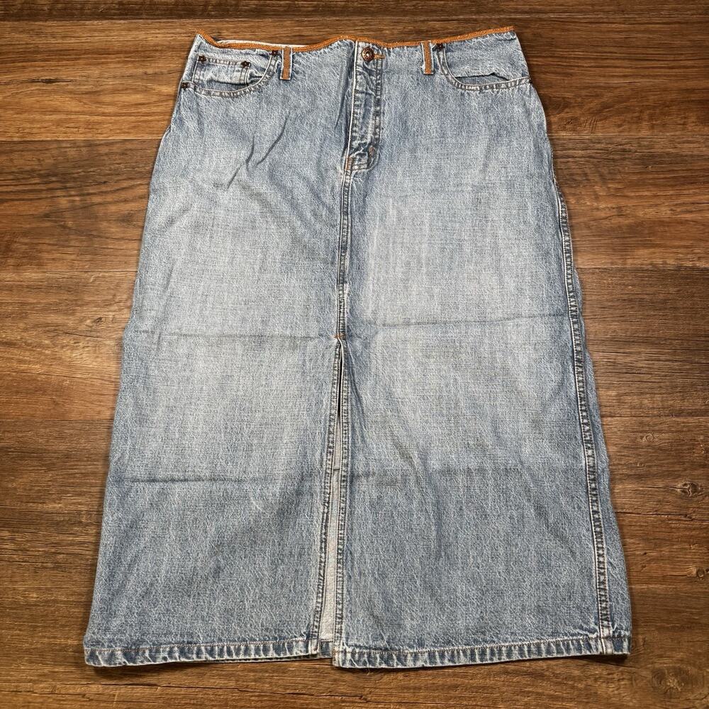 Y2K Route 66 Denim Maxi Skirt Long Jean Skirt Slit Medium Wash Size 15/16